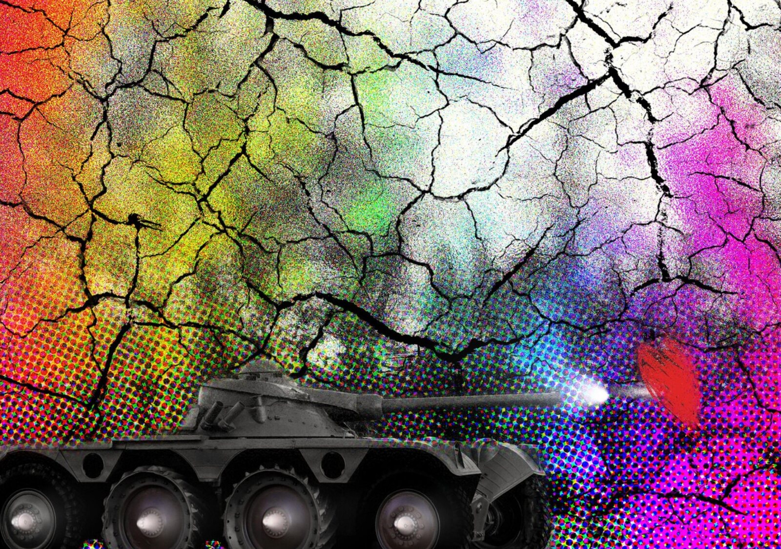 Blindé devant un mur fissuré multicolore, tableau sur aluminium, aperçu dans un intérieur