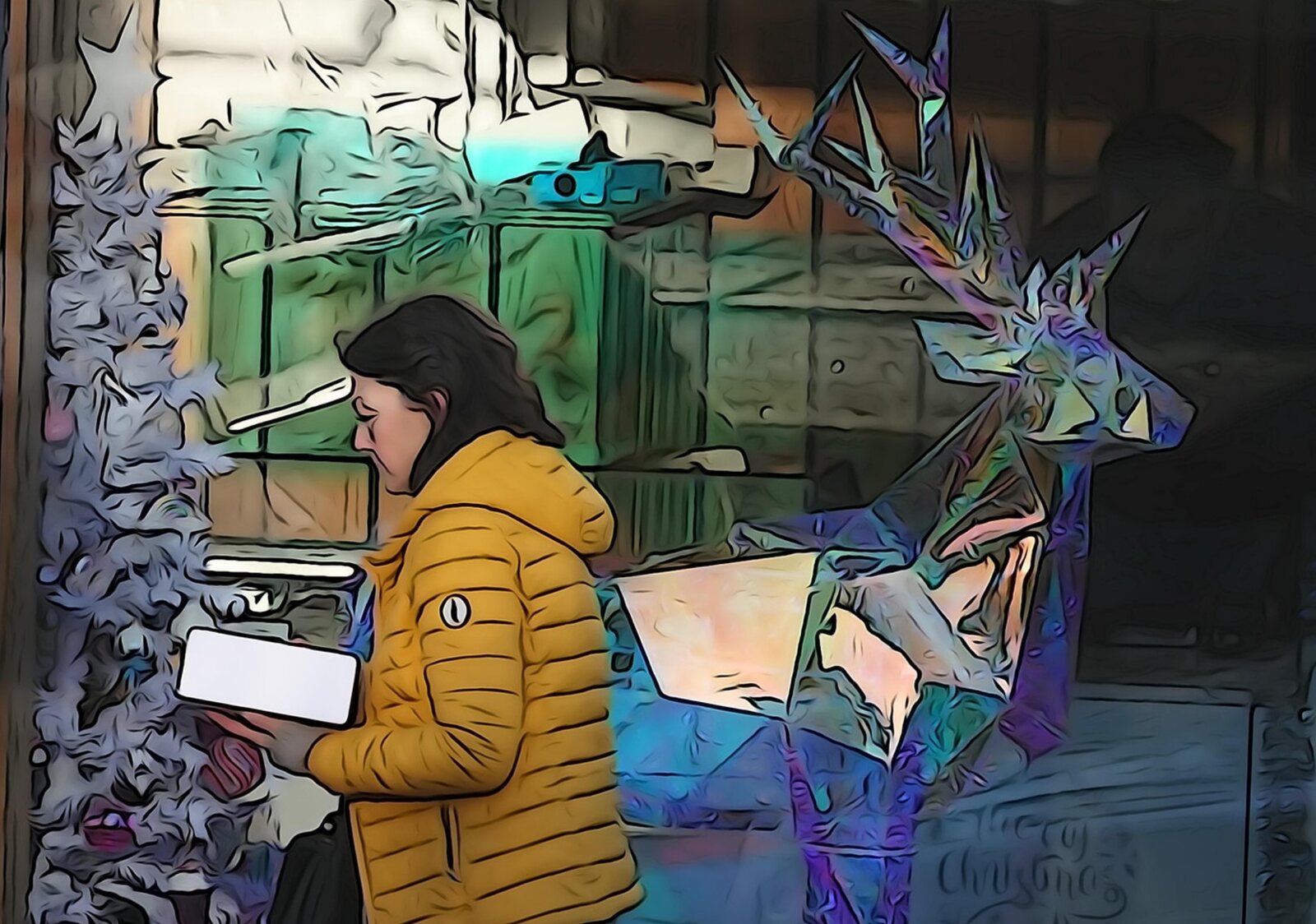La lectrice devant la vitrine de Noël, tableau sur aluminium, aperçu dans un intérieur