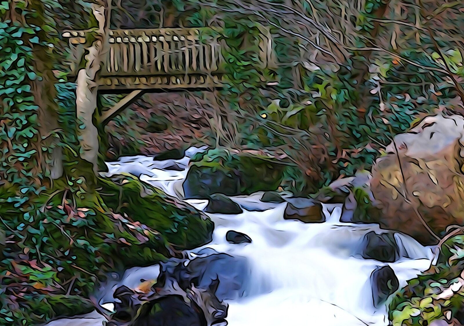 La passerelle sur le torrent, tableau sur aluminium, aperçu dans un intérieur