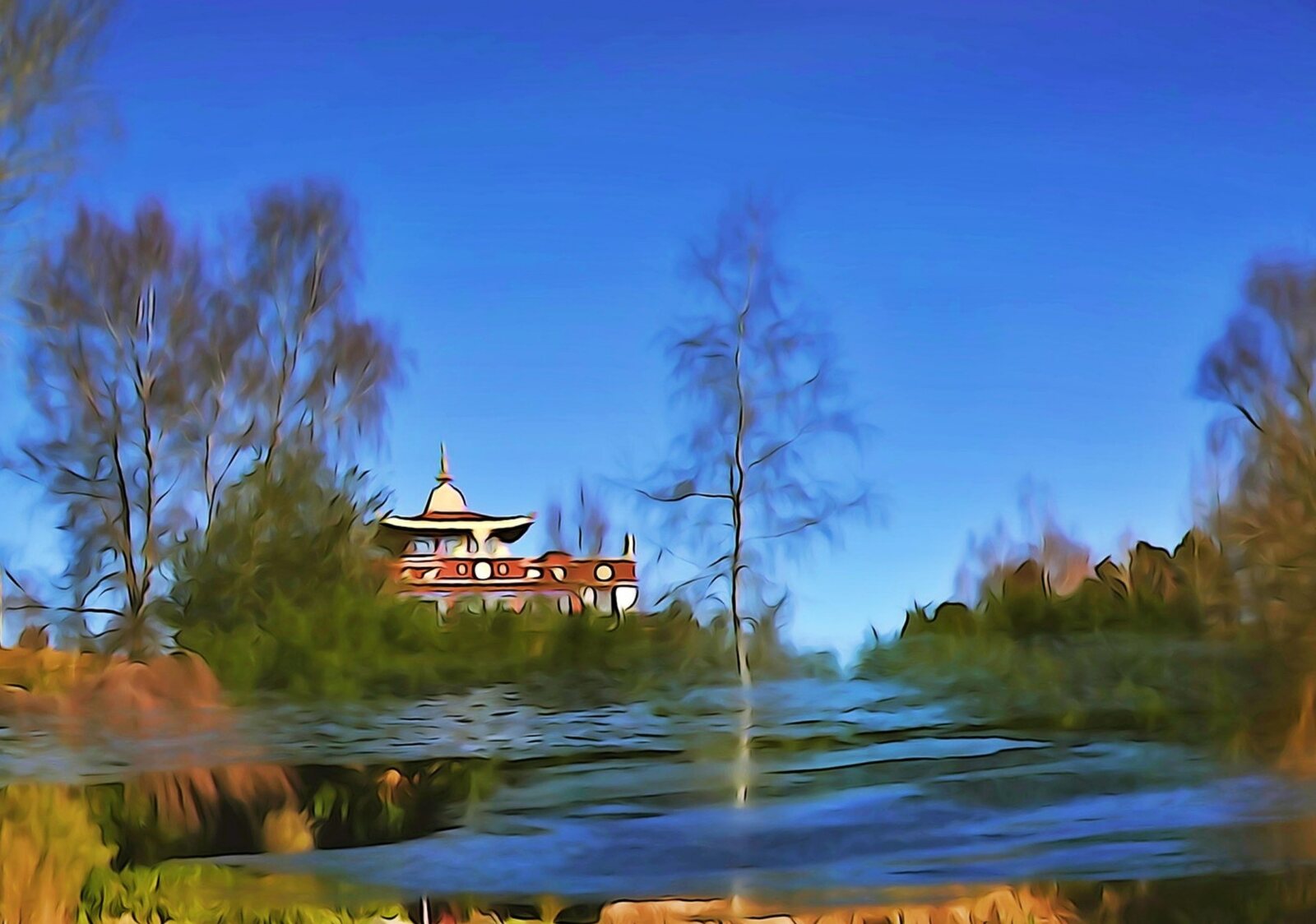 Le temple de Biollet dans le reflet, tableau sur aluminium, aperçu dans un intérieur