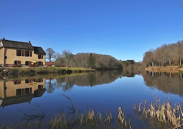 La maison au bord de l’étang, tableau étang et maison en reflet