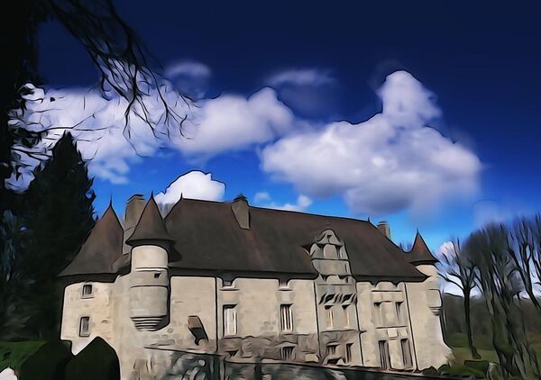 Le château creusois sous un ciel bleu, tableau château de la Creuse