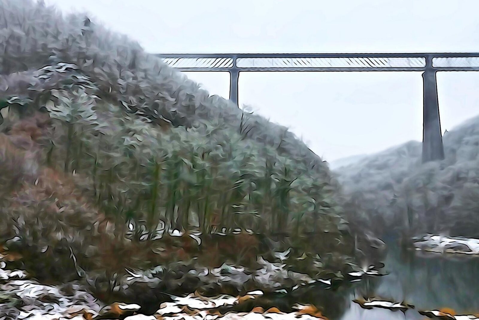 Le viaduc des Fades sous la neige, tableau sur aluminium, aperçu dans un intérieur