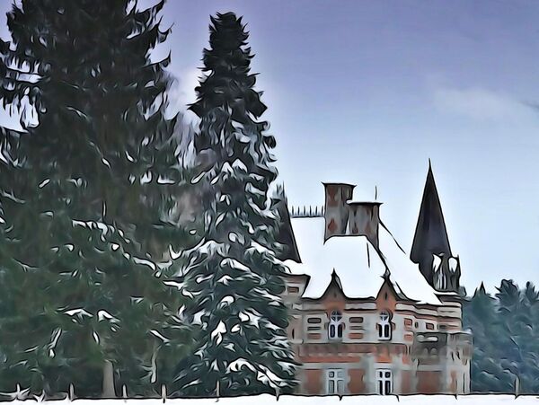 Le château aux sapins enneigés, tableau château sous la neige